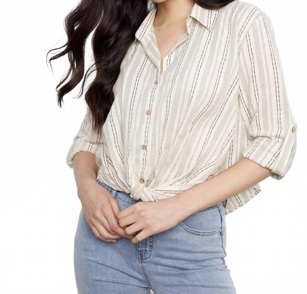 NEW CHARLIE B striped cotton-linen blend shirt with front twist in fog